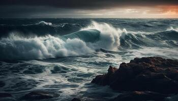 The crashing wave splashes against the rocky coastline at dusk generated by AI photo