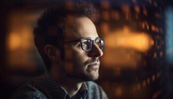 Confident young businessman with beard, looking away in contemplation generated by AI photo