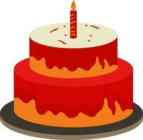 2-Tier Cake With Illuminated Candle In Red And Orange Color. vector