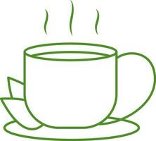 Herbal Tea Or Coffee Cup with Leaves On Plate Green Stroke Icon. vector