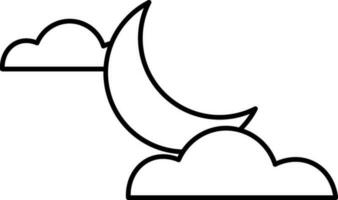 Black Outline Half Moon With Cloud Icon Or Symbol. vector