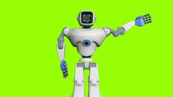 de face vue de blanc et bleu en forme humaine robot avec content visage agitant avec ses la gauche bras et tournant ses tête de la gauche à droite contre vert Contexte. 3d animation video