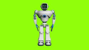 Front view of white and blue color human-shaped robot with happy face walking against green background. Loop sequence. 3D Animation video