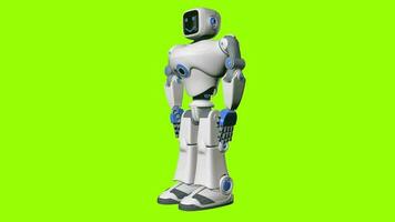 Side view of white and blue color human-shaped robot with happy face walking against green background. Loop sequence. 3D Animation video