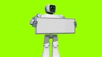 de face vue de blanc et bleu en forme humaine robot permanent tandis que en portant une blanc bannière avec ses mains et tournant ses corps de la gauche à droite contre vert Contexte. 3d animation video