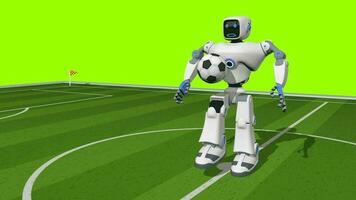 Front view of white and blue human-shaped robot playing with a ball on a soccer field against green background. Loop sequence. 3D Animation video