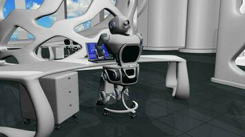 White and blue human-shaped robot sitting on a chair, typing on his laptop working in a modern white minimalist office on a sunny day. Loop sequence. 3D Animation video