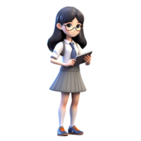 ai generado dibujos animados linda 3d coreano niña vistiendo un colegio uniforme leyendo un libro png