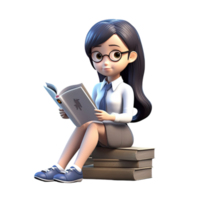 ai généré dessin animé mignonne 3d coréen fille portant une école uniforme en train de lire une livre png