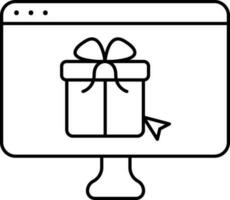 Gift Box With Cursor In Monitor Screen Line Art Icon. vector