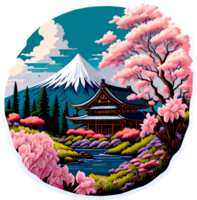 wunderschön Kirsche blühen Baum mit Japan Haus Illustration ai generativ png