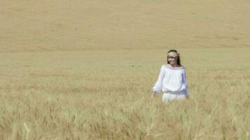 Young lady walking in the middle of the wheat field video