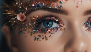 Vibrant fashion model with glittery make up and feather decoration generated by AI photo