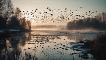 A tranquil scene at dusk, with a backlit tree silhouette generated by AI photo