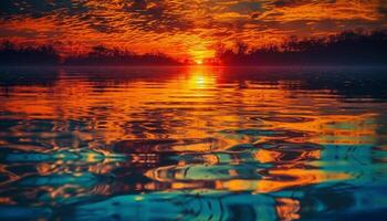 Tranquil sunset reflection on rippled water, a tropical paradise generated by AI photo