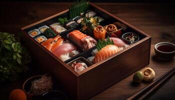 un gastrónomo Mariscos comida en un plato con Fresco sashimi generado por ai foto