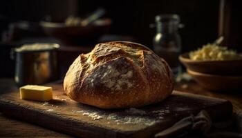 Freshly baked rustic ciabatta on wooden cutting board, healthy snack generated by AI photo