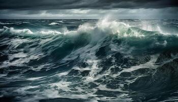 Breaking wave crashes on wet coastline, spraying blue liquid motion generated by AI photo