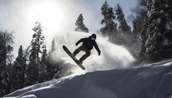 emocionante Snowboarding aventuras uno hombre desafía gravedad en montaña Pendiente generado por ai foto