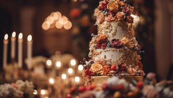 The illuminated candle flame illuminates the ornate wedding cake decoration generated by AI photo