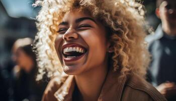 One young woman with a toothy smile enjoys city life generated by AI photo