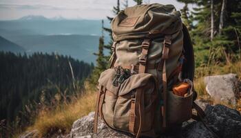 Mountain climber rests, admiring beauty in nature wilderness area generated by AI photo