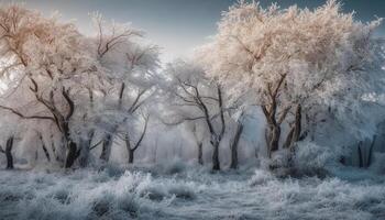 A tranquil winter forest snow, frost, and blue skies generated by AI photo