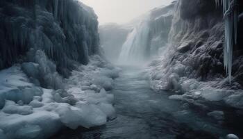 Majestic mountain range, frozen beauty in nature, flowing water generated by AI photo