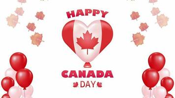 Happy Canada Day, 3d animation of Canadian flag love balloons and text, framed by maple leaves and balloons. Perfect for independence day video