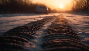 Sunset over snowy landscape, frozen trees, slippery roads, dangerous travel generated by AI photo