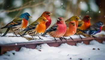 A small group of multi colored tits perching on a branch generated by AI photo