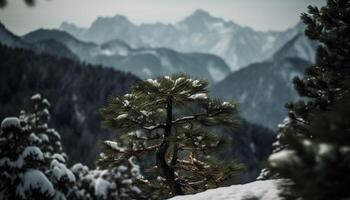 The tranquil scene of a snow covered mountain range in winter generated by AI photo