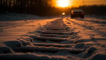 resbaladizo carreteras adelante, conducir con precaución mediante invierno paisajes generado por ai foto