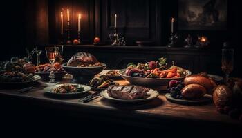 A gourmet meal on a rustic table with fresh vegetables generated by AI photo