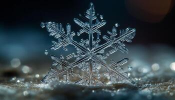 brillante copo de nieve decoración brilla en invierno frío, estrellado noche generado por ai foto