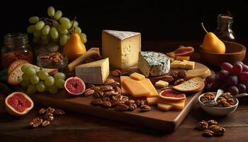 A gourmet cheese plate with Camembert, Brie, and Parmesan varieties generated by AI photo