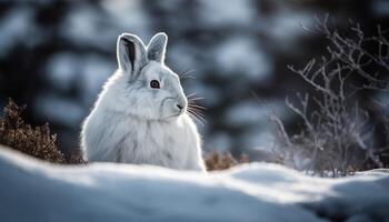 A fluffy hare sits in the snow, looking at camera generated by AI photo