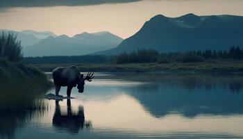 Silhouette of horned cow grazing in tranquil meadow at dusk generated by AI photo