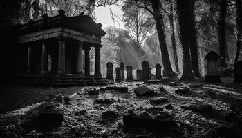 Ancient tombstone silhouette, a spooky monument of the past generated by AI photo