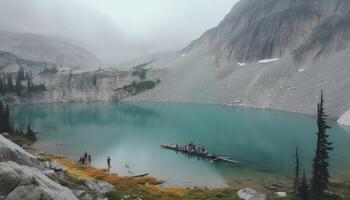 Men kayak on tranquil Moraine Lake, surrounded by majestic mountains generated by AI photo