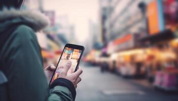 mensajes de texto en el ciudad joven adulto capturas noche tráfico escena generado por ai foto