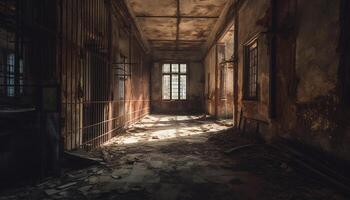 abandonado fábrica, escalofriante corredor, oxidado metal, desvanecimiento punto horror generado por ai foto
