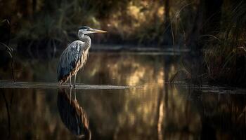 A majestic gray heron stands in the tranquil swamp waters generated by AI photo