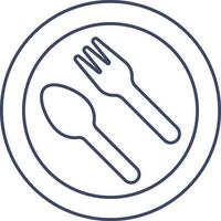 Fork with Spoon On Plate Icon In Blue Outline. vector
