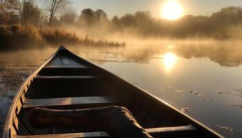 Rowboat glides on tranquil pond, reflecting autumn forest beauty generated by AI photo
