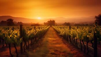 Harvesting ripe grapes in a tranquil Italian vineyard at dawn generated by AI photo