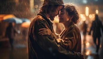 A romantic night outdoors, two people embracing in the rain generated by AI photo