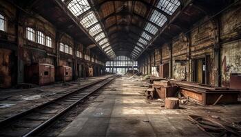 Spooky old factory, a rusty vanishing point of industrial history generated by AI photo