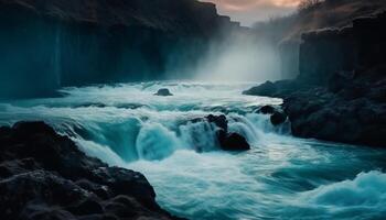 Flowing water cascades down majestic cliff, creating awe inspiring landscape generated by AI photo