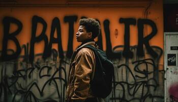 A young adult hooligan stands in front of graffiti wall generated by AI photo